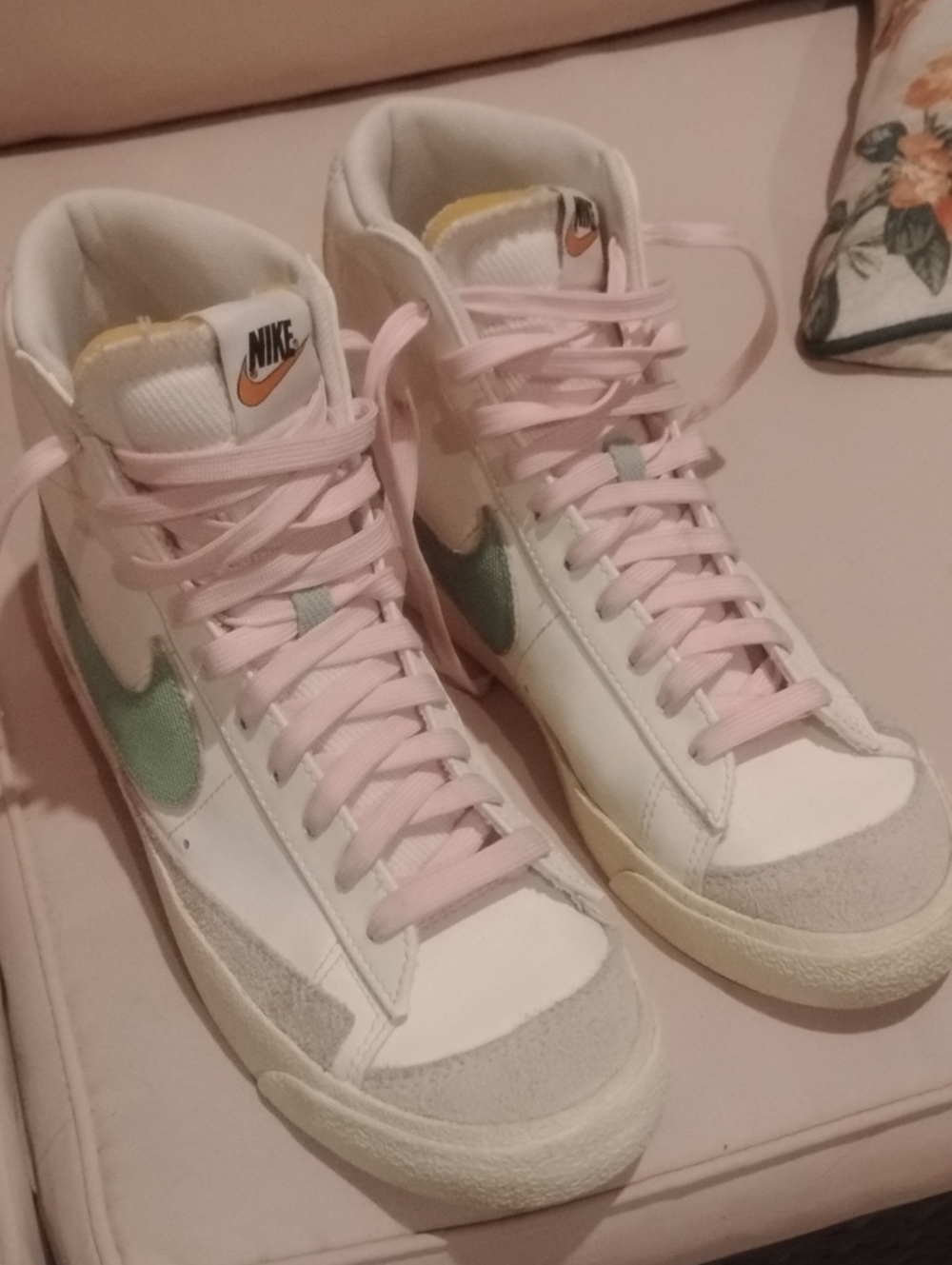 Nike White High-Top Sneakers with Pink Laces and Mint Swoosh